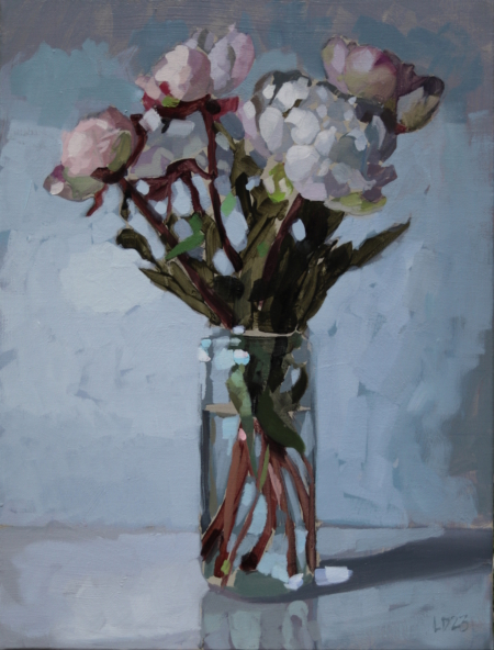 Laurent Dauptain -Pivoines roses, fond bleu