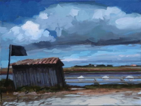 tableau Laurent Dauptain d'une cabane penchée des marais salant de l'ile de ré