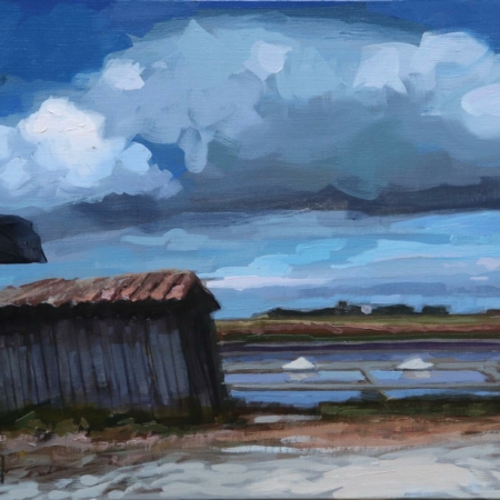 tableau Laurent Dauptain d'une cabane penchée des marais salant de l'ile de ré