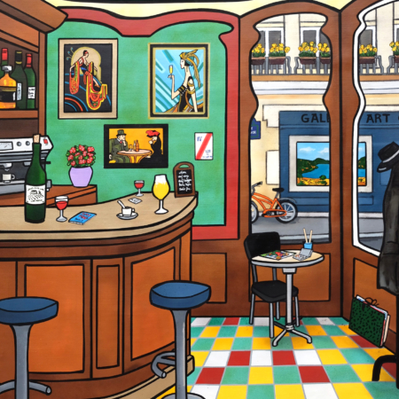 Tableau Bar Fred Alione huile sur toile représentant un café contemporain aux influences Art Déco