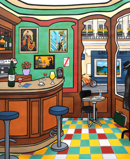 Tableau Bar Fred Alione huile sur toile représentant un café contemporain aux influences Art Déco