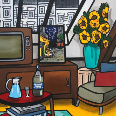 Le Verre d'Absinthe, tableau contemporain intérieur design de Fred Alione représentant un café élégant dans un style graphique coloré.