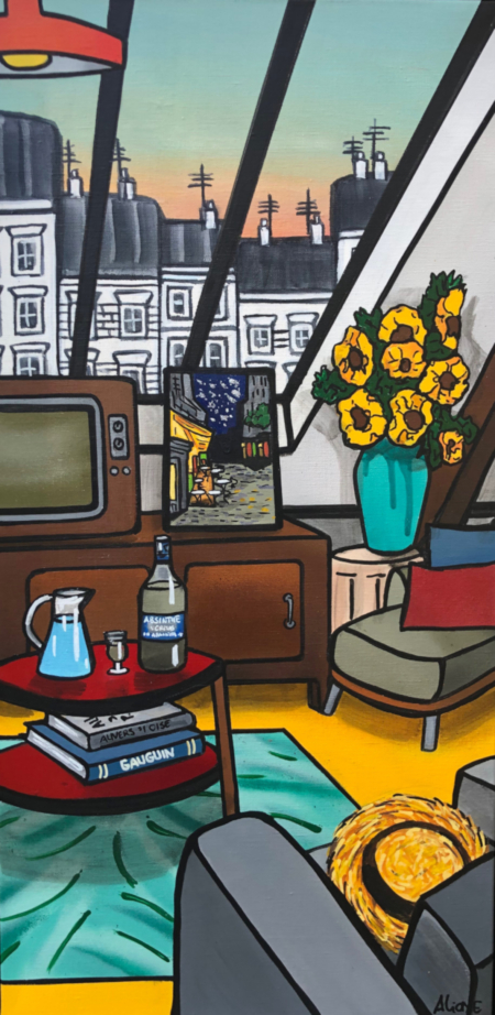 Le Verre d'Absinthe, tableau contemporain intérieur design de Fred Alione représentant un café élégant dans un style graphique coloré.