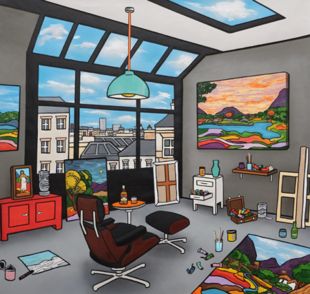 Repartir vite, tableau contemporain de Fred Alione représentant un atelier d'artiste ouvert sur les toits d'une ville.