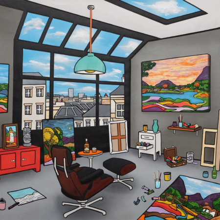Repartir vite, tableau contemporain de Fred Alione représentant un atelier d'artiste ouvert sur les toits d'une ville.