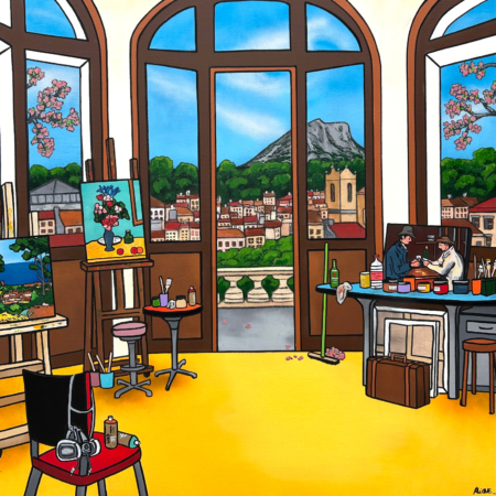 Tableau contemporain Une Vue Inspirante de Fred Alione représentant un intérieur ouvert sur un paysage marin lumineux.
