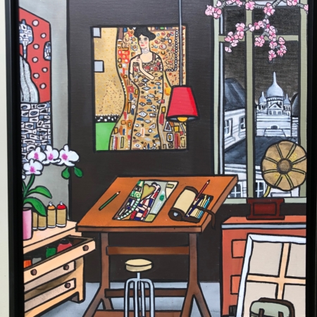 Tableau contemporain Un sens à sa vie de Fred Alione représentant un intérieur moderne ouvert sur un paysage lumineux.
