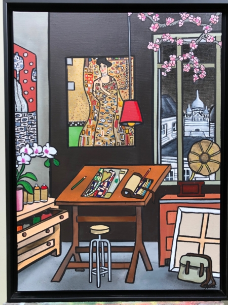 Tableau contemporain Un sens à sa vie de Fred Alione représentant un intérieur moderne ouvert sur un paysage lumineux.