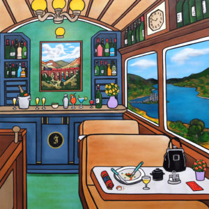 Tableau contemporain Westcoast Railway de Fred Alione inspiré du voyage en train et des paysages ferroviaires.