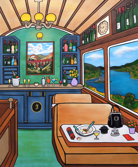 Tableau contemporain Westcoast Railway de Fred Alione inspiré du voyage en train et des paysages ferroviaires.