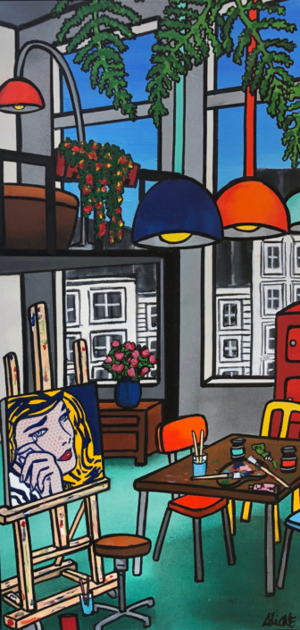 La Larme de Fred Alione, huile sur toile originale représentant un atelier d'artiste contemporain avec un chevalet, un portrait Pop Art et de grandes verrières.