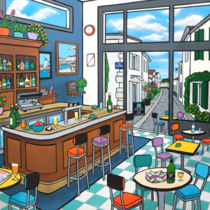 Rue de La Flotte, tableau contemporain de Fred Alione représentant un café ouvert sur une rue typique de La Flotte sur l'Île de Ré.