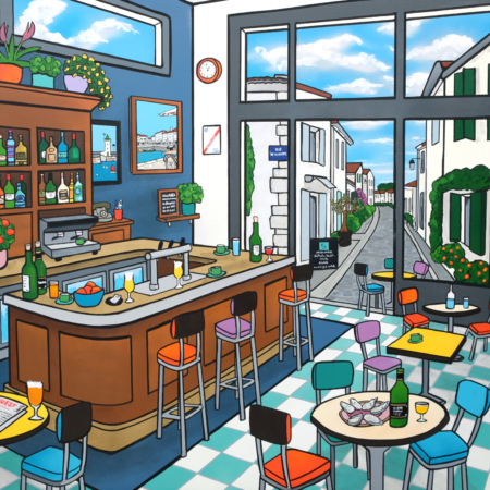 Rue de La Flotte, tableau contemporain de Fred Alione représentant un café ouvert sur une rue typique de La Flotte sur l'Île de Ré.