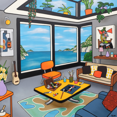 Peindre l'Horizon, tableau contemporain de Fred Alione représentant un intérieur moderne ouvert sur un paysage marin lumineux.