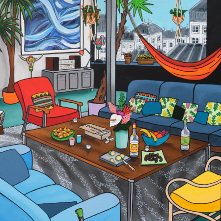 Souvenir d'une nuit étoilée, tableau contemporain de Fred Alione inspiré de Van Gogh représentant un intérieur design avec une reproduction de La Nuit étoilée.