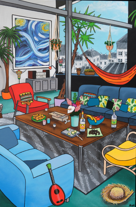 Souvenir d'une nuit étoilée, tableau contemporain de Fred Alione inspiré de Van Gogh représentant un intérieur design avec une reproduction de La Nuit étoilée.